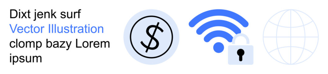 Obraz premium Financial transactions, global communication, cybersecurity, payment systems, online access, secure networks. Icons of a dollar sign, wireless with a lock and a globe. Cybersecurity and online