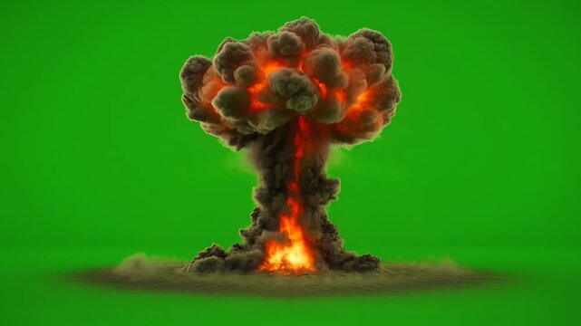 Motion animation of nuclear atomic bomb explosion with massive mushroom cloud isolated on green screen background, apocalyptic war effect ready for chroma key compositing