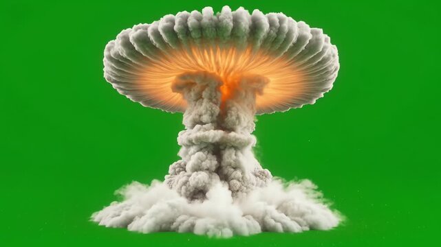 Atomic bomb detonation with fiery mushroom cloud rising in dramatic sky, world war concept on green screen background for visual effects and compositing
