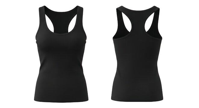 Two black women's racerback tank tops on white background front and back view fitness clothing