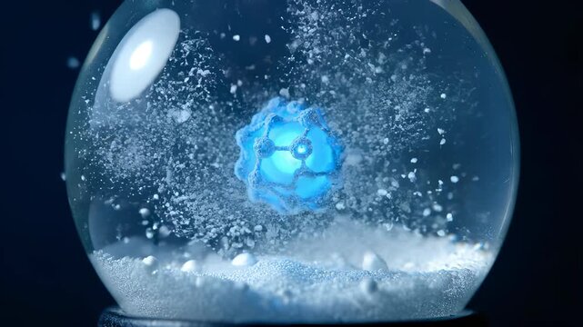 Mysterious Orb: A captivating glimpse of a luminous sphere suspended within a glass enclosure, enclosed by a flurry of icy particles, offering a spectacle of enigma and wonder.