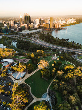 Aerial view of a vibrant city skyline meeting the serene river, juxtaposed with the lush greenery of Kings Park, Perth, Western Australia, Australia.