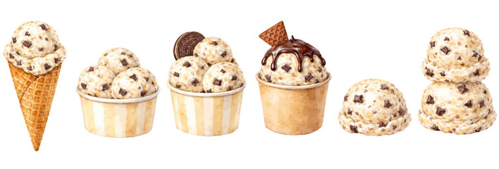 A charming watercolor collection of chocolate chip ice cream, including waffle cones, paper cups, and stacked scoops.