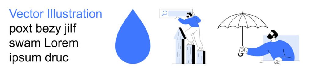 Business trends, data insights, risk preparedness, online research, goal achievement, market strategies. a drop, bar graph an observing figure and umbrella shielding. Business trends and data