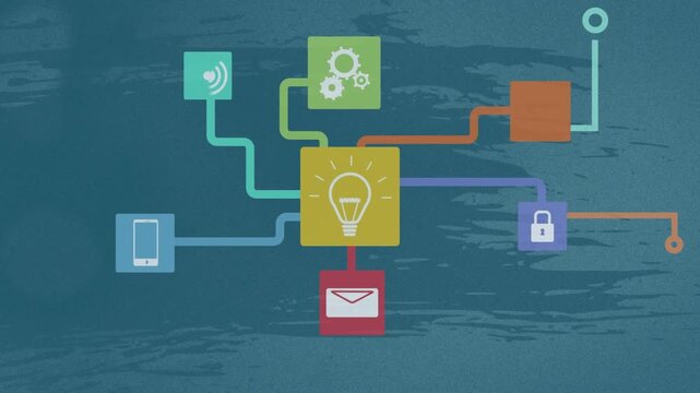 Animation of multicolored flow chart of multiple icons over blue background