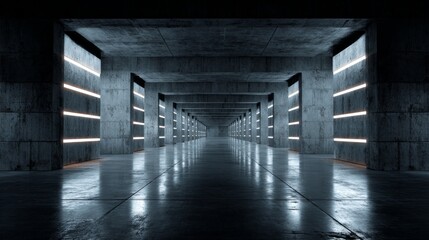 Fototapeta premium Futuristic underground tunnel with reflective concrete surfaces and neon lights