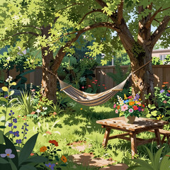 Fototapeta premium ukiyo-e, bright, lush green backyard with trees and plants in summer daylight