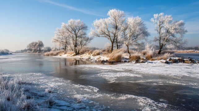 A serene winter landscape with snow-covered trees and a frozen river, with a clear blue sky and a few scattered clouds.