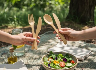 Two Hands Hold Wooden Utensils Over Salad Bowl Picnic Outdoor Setting Natural Lighting Fresh Ingredients Greenery Background