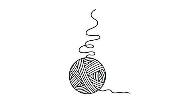 Simple black and white line art illustration of a perfectly wound ball of yarn, with a single loose thread gracefully extending upwards.