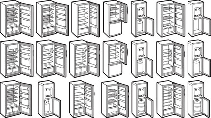 Refrigerators in graphic design, showcasing multiple types of opened and closed refrigerators.
