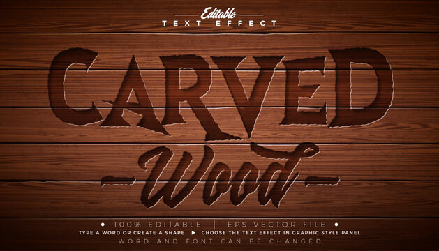 Carved Wood Editable Text Effect Design Vector Graphic Style with Vintage Wooden Hand-Carving Typography Lettering and Shadow on Natural Background. Scalable Engraved Texture Luxury Illustration