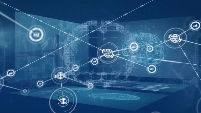 Animation of network of connections with icons over digital brain on black background