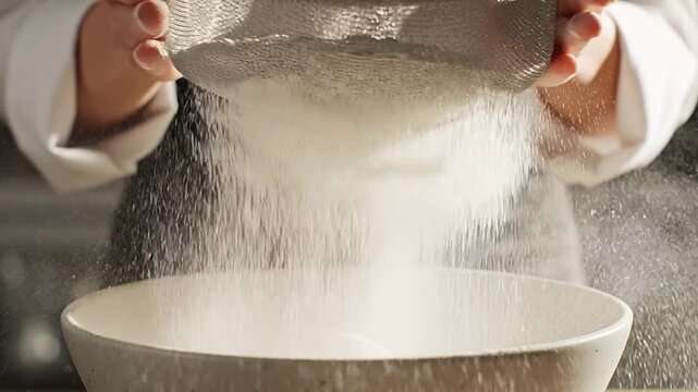 food safety inspection prevention concept. Chef sifting flour into a bowl using a fine mesh sieve.