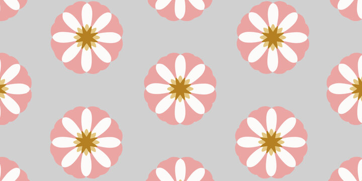 A pattern of pink and white flowers on a gray background viewed from directly above
