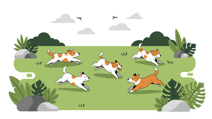 Naklejka premium Group of energetic young puppies races across a lush green meadow filled with tropical plants and scattered gray rocks.