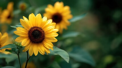 A vibrant sunflower with yellow petals and a brown center, surrounded by green leaves, against a blurred green background.