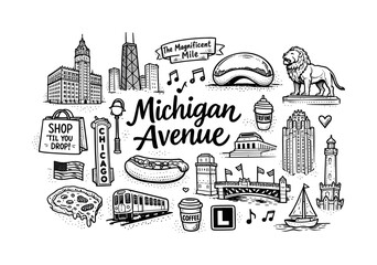 Fototapeta premium Michigan Avenue iconic icons, hand drawn doodle elements set, center hand-lettered title, black & white vector line art, bold