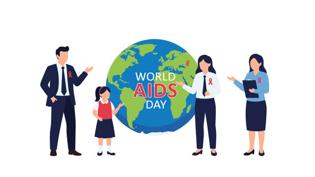 Diverse group of professionals and a student stand around a large Earth globe to commemorate and raise awareness for World AIDS Day.