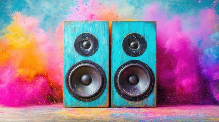 Colorful smoke and speakers create a vibrant scene for a music event