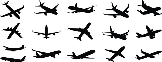 Collection of black airplane silhouettes in various flight and landing poses Keywords: airplane, silhouette, aircraft, flight © MstGolenur