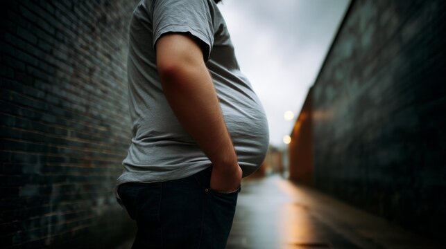 Person with Enlarged Belly Posing in Rainy Alleyway at Dusk