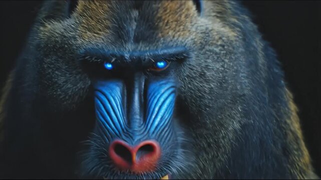 A detailed close-up of a mandrill's face, displaying bright blue eyes, vibrant colors, fur, and teeth