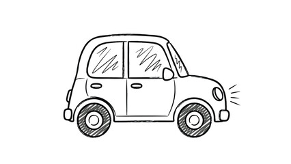 Playful black and white doodle drawing of a small car with shining headlights, capturing a childlike and simplistic charm.