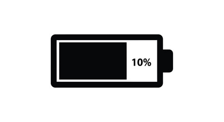A simple black battery icon displays ten percent charge indicating low power and the need to recharge silhouette