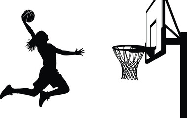 Silhouette of female basketball player jumping for slam dunk, woman athlete scoring point on hoop vector icon for sports posters. © Raihan