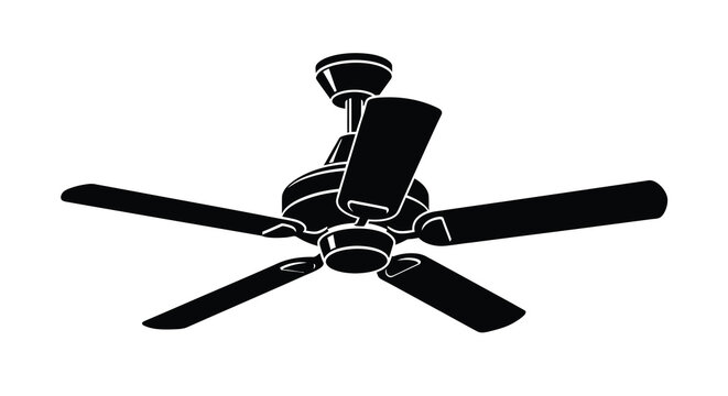 A stark black silhouette of a five bladed ceiling fan against a white background showcasing modern design silhouette high quality