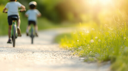 Obraz premium Children riding bicycles on a sunny path in a green park