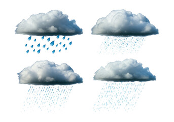 Four realistic rain cloud icons showing varying rainfall intensity and droplet styles
