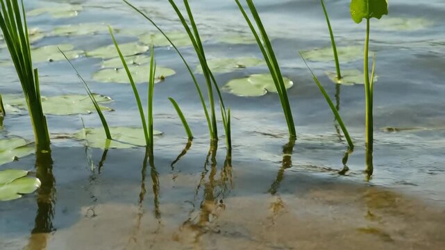 Calm water surface with green reeds and lily pads reflecting in a tranquil pond. Natural scenery for relaxation and meditation concepts on a peaceful sunny summer day