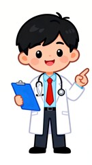 Fototapeta premium Cartoon doctor holding clipboard and pointing, wearing lab coat and stethoscope