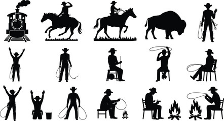Wild West cowboy silhouettes with horses, lassos, steam locomotive, bison, campfire, and frontier lifestyle for Americana design themes © Hello There