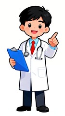 Cartoon doctor holding clipboard and pointing upward