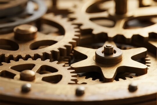 Close-up of interlocking brass gears and mechanical components in a clockwork mechanism