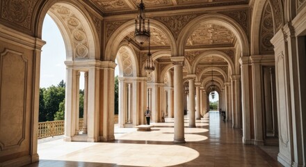 Obraz premium Long, ornate corridor with arched openings, columns, and decorative ceiling details. Sunlight filters in