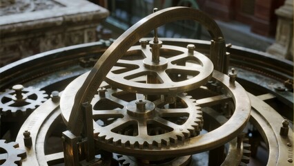 Close-up of intricate brass gears and mechanical components in a vintage clockwork mechanism