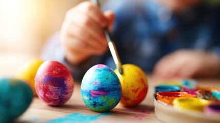 Obraz premium Colorful eggs being painted during Easter activity at home