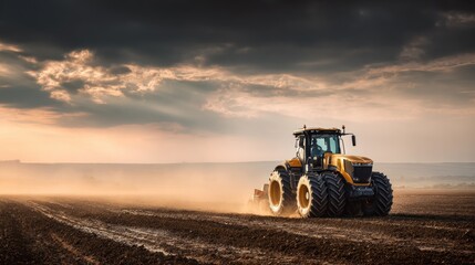 Fototapeta premium Tractor plowing field under cloudy sky