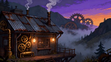 霧の谷と巨大歯車山を望む真鍮機械のスチームパンクキャビン