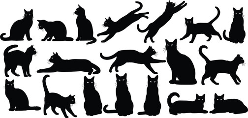 flavector black cat silhouettes, feline poses sitting walking stretching jumping lying, vector illustration of animal design © Yeasin