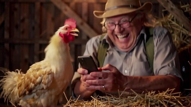 Cheerful senior farmer in a hat and glasses laughing while using a smartphone next to a chicken in a rustic barn setting with hay, showing modern technology in traditional agriculture.
