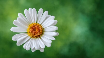 Fototapeta premium A single daisy flower with white petals and a yellow center, set against a blurred green background with a soft focus effect.