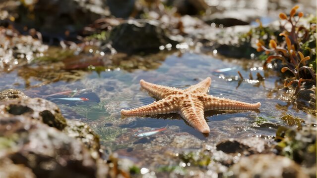 Starfish resting in a shallow tidal pool surrounded by rocks and seaweed