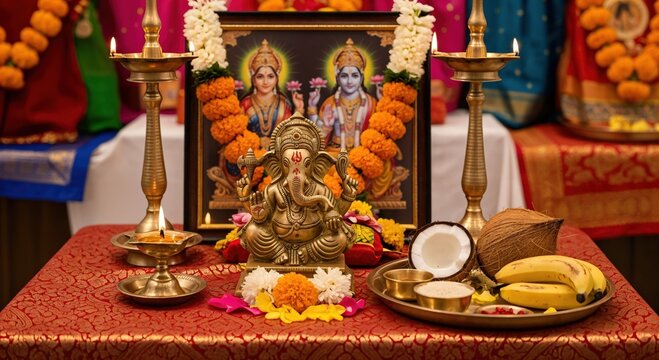 Hindu Religious Altar for Diwali Puja with Ganesha Statue and Lakshmi Vishnu Portrait