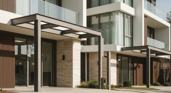 Architecture, modern and luxury apartment complex exterior for residential living, showcasing upscale design and premium construction with family enjoying a peaceful neighborhood stroll near their