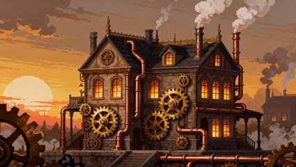 真鍮の歯車と銅管が付いたスモーキーな夕焼け空のスチームパンクピクセルハウス